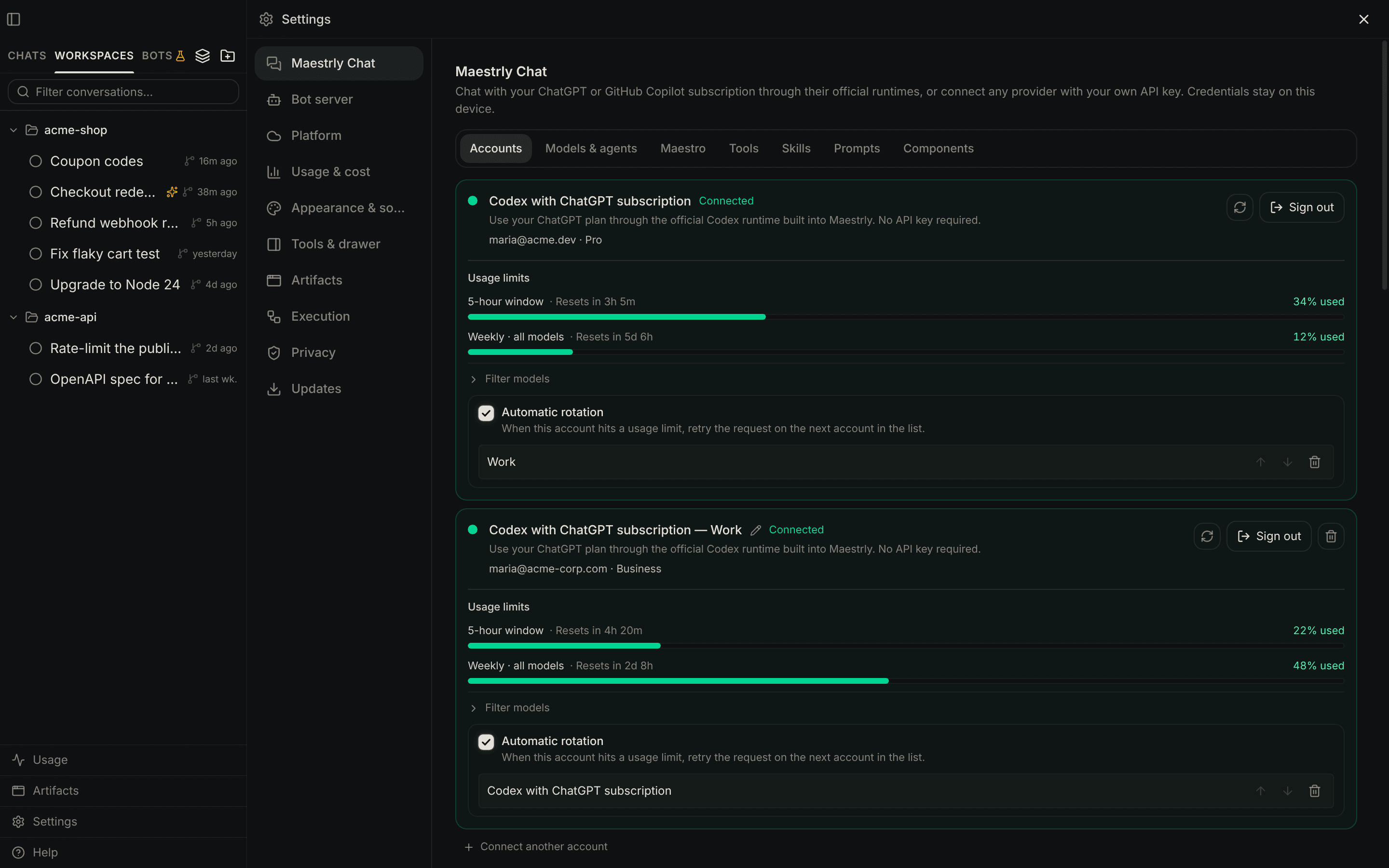Maestrly account settings with two ChatGPT subscriptions, usage limits and automatic rotation