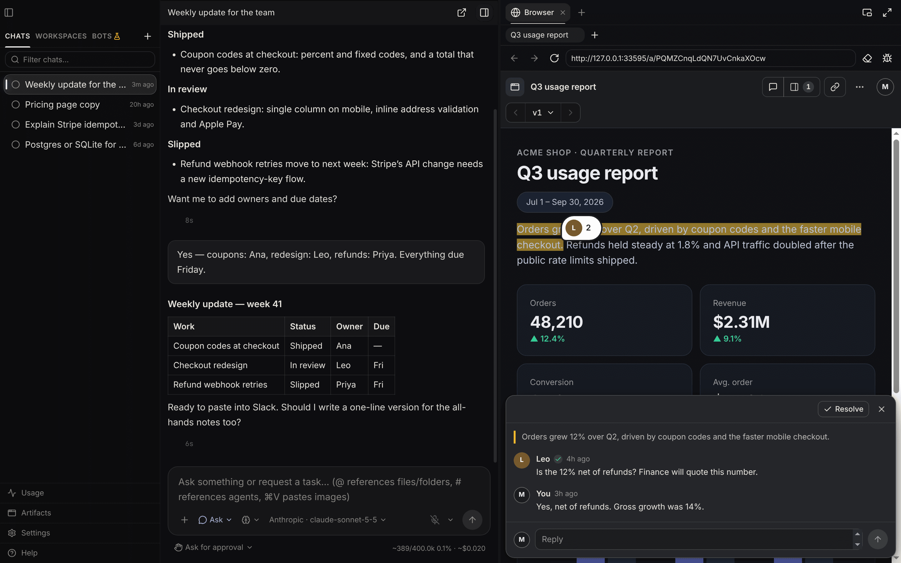A Maestrly artifact open beside a chat, with a comment thread on a highlighted sentence