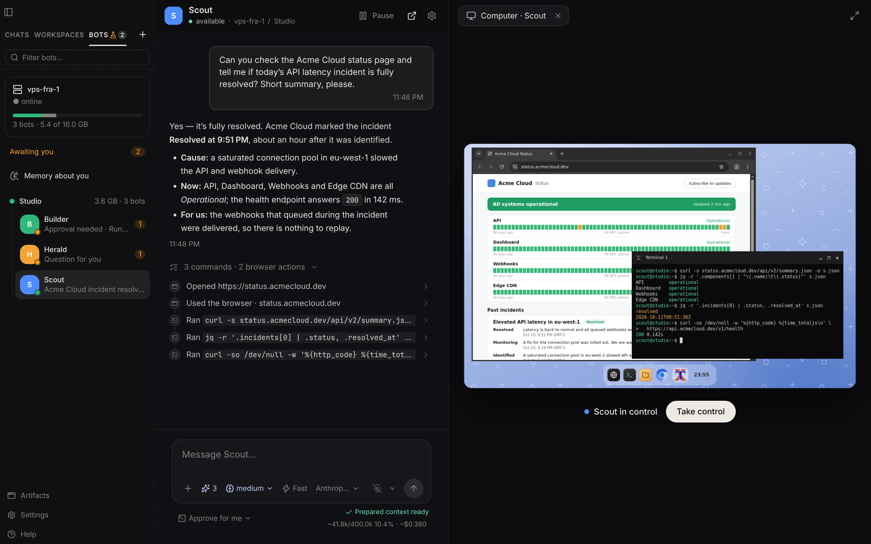 A bot's conversation beside its Linux desktop, showing a status page in the browser and a terminal