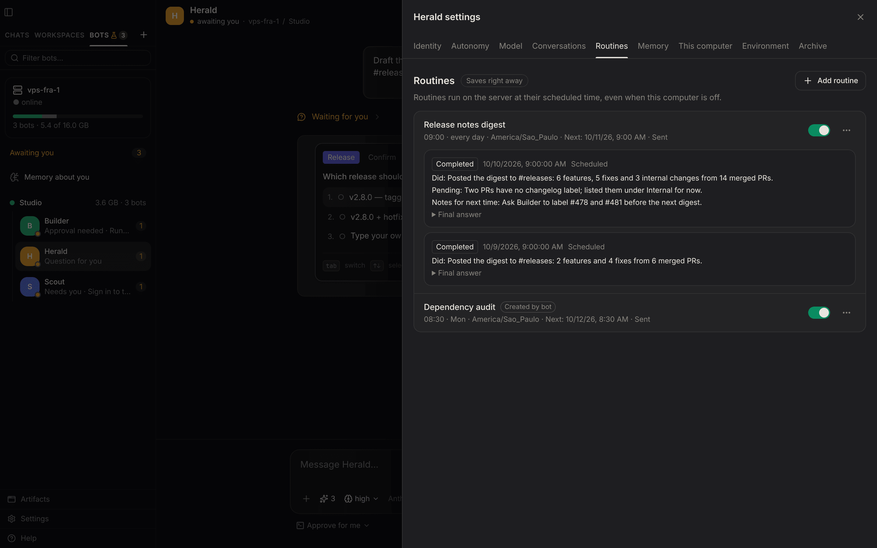 A bot's routines: a daily release notes digest with its run history and a weekly dependency audit