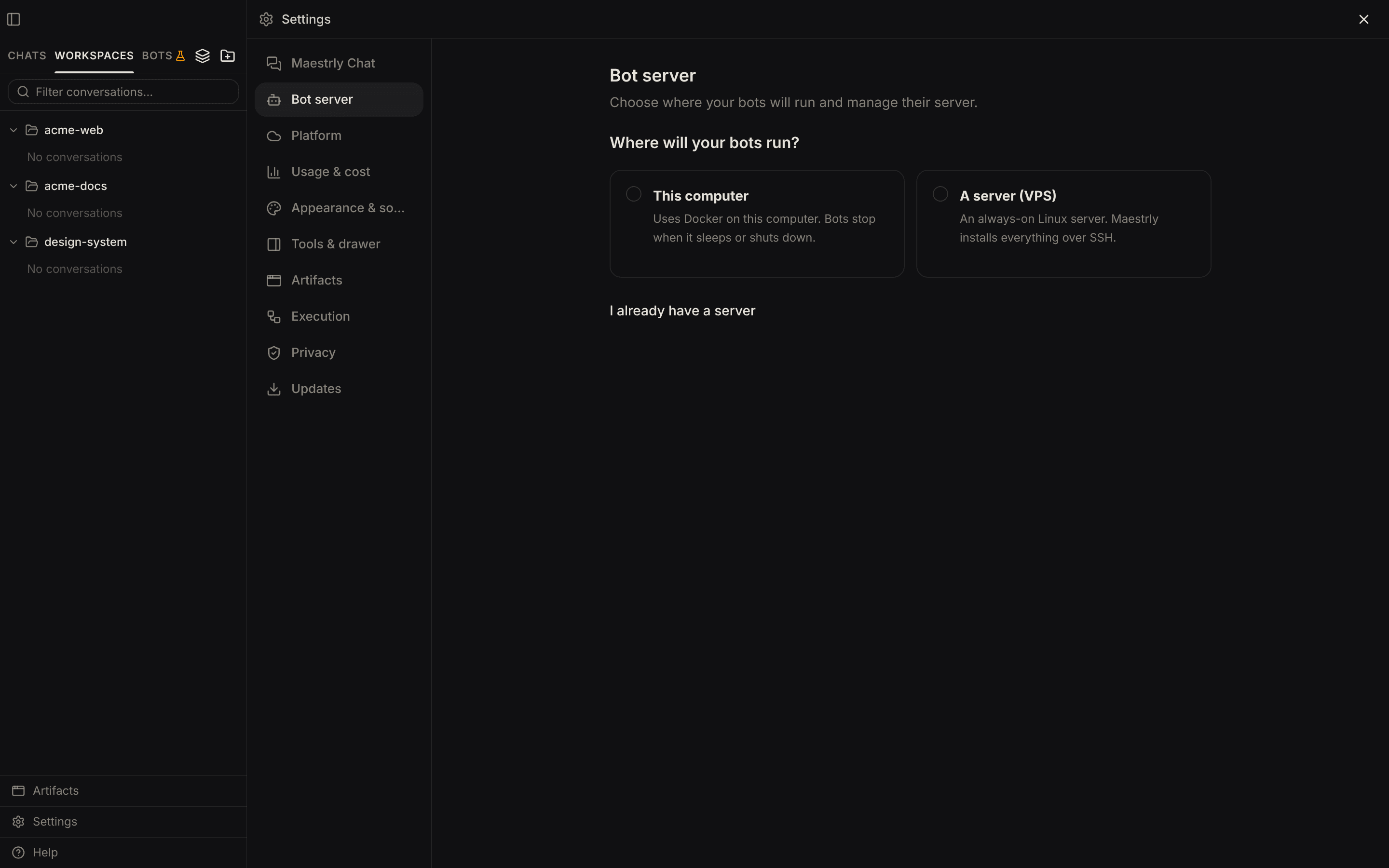 Settings, Bot server: run bots on this computer, on a VPS, or on a server you already have