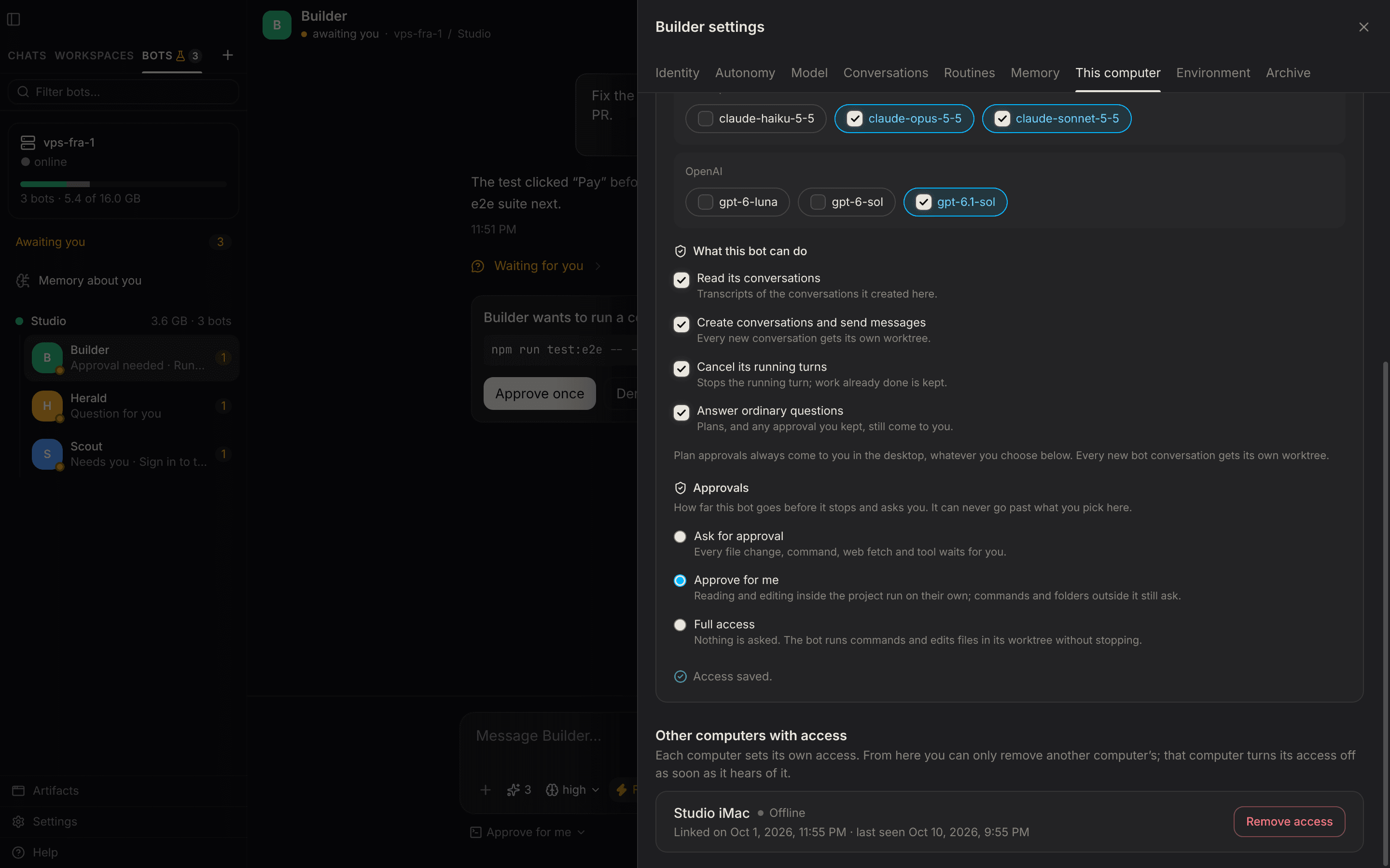 Bot settings, This computer: projects, models, allowed actions and the approval ceiling