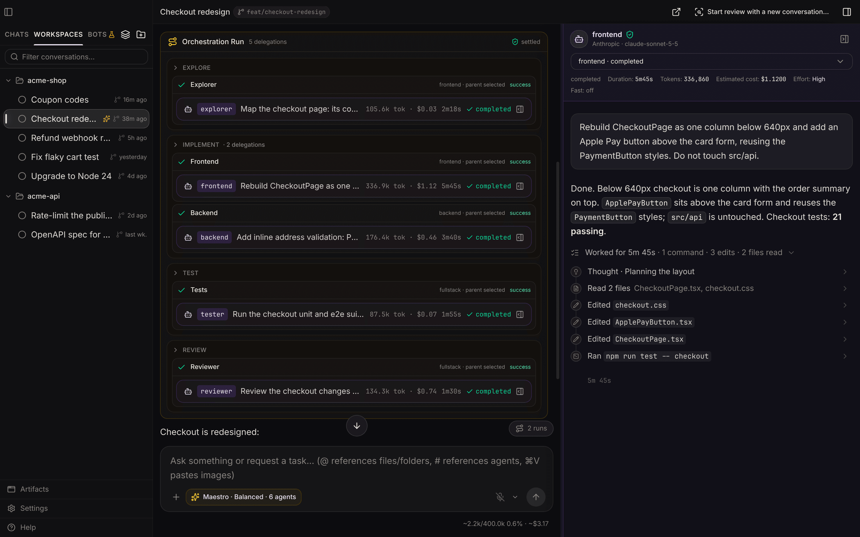A Maestro orchestration run with five subagents and one worker's session open