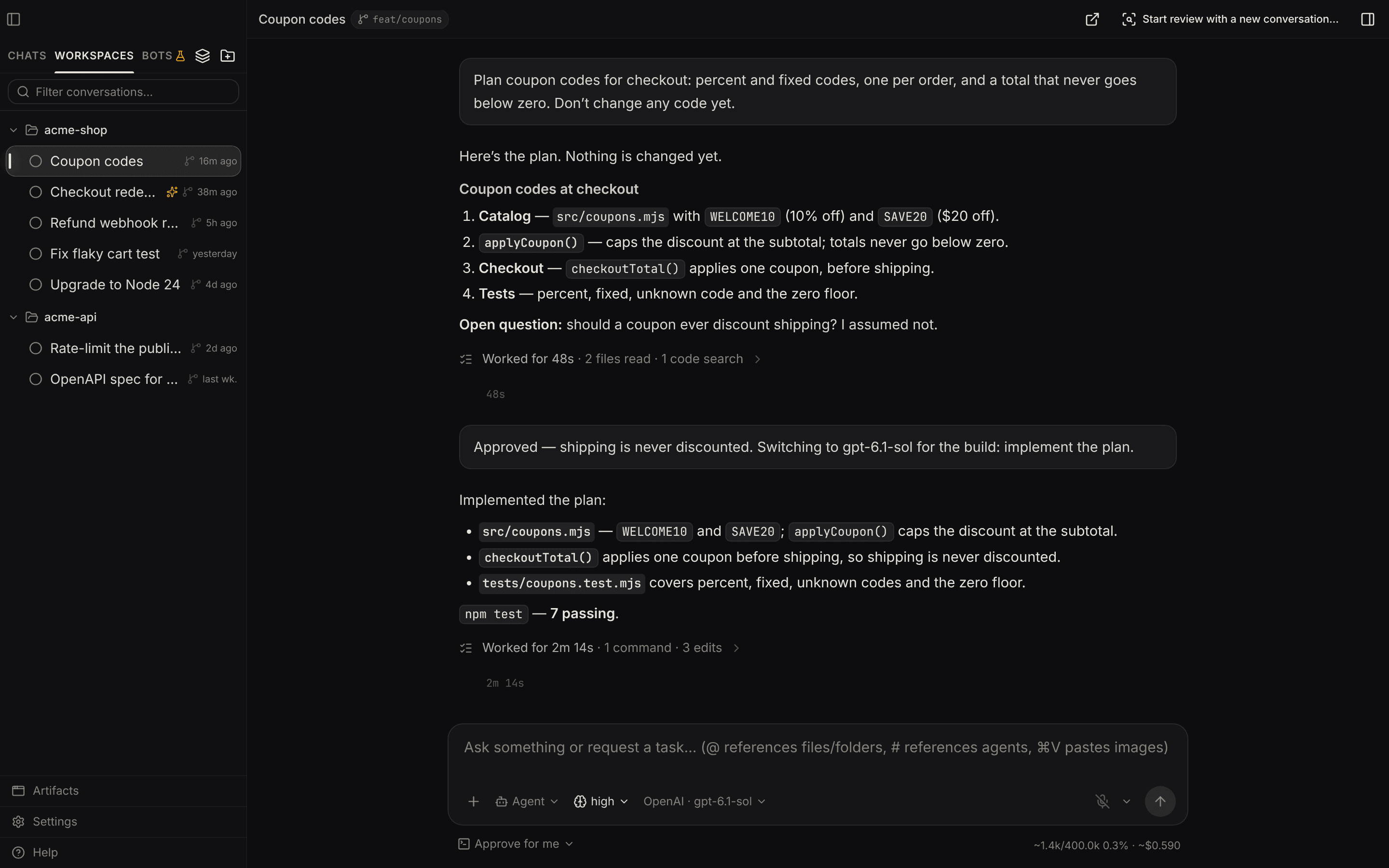 A Maestrly conversation where Claude Fable wrote a plan and GPT Sol implemented it